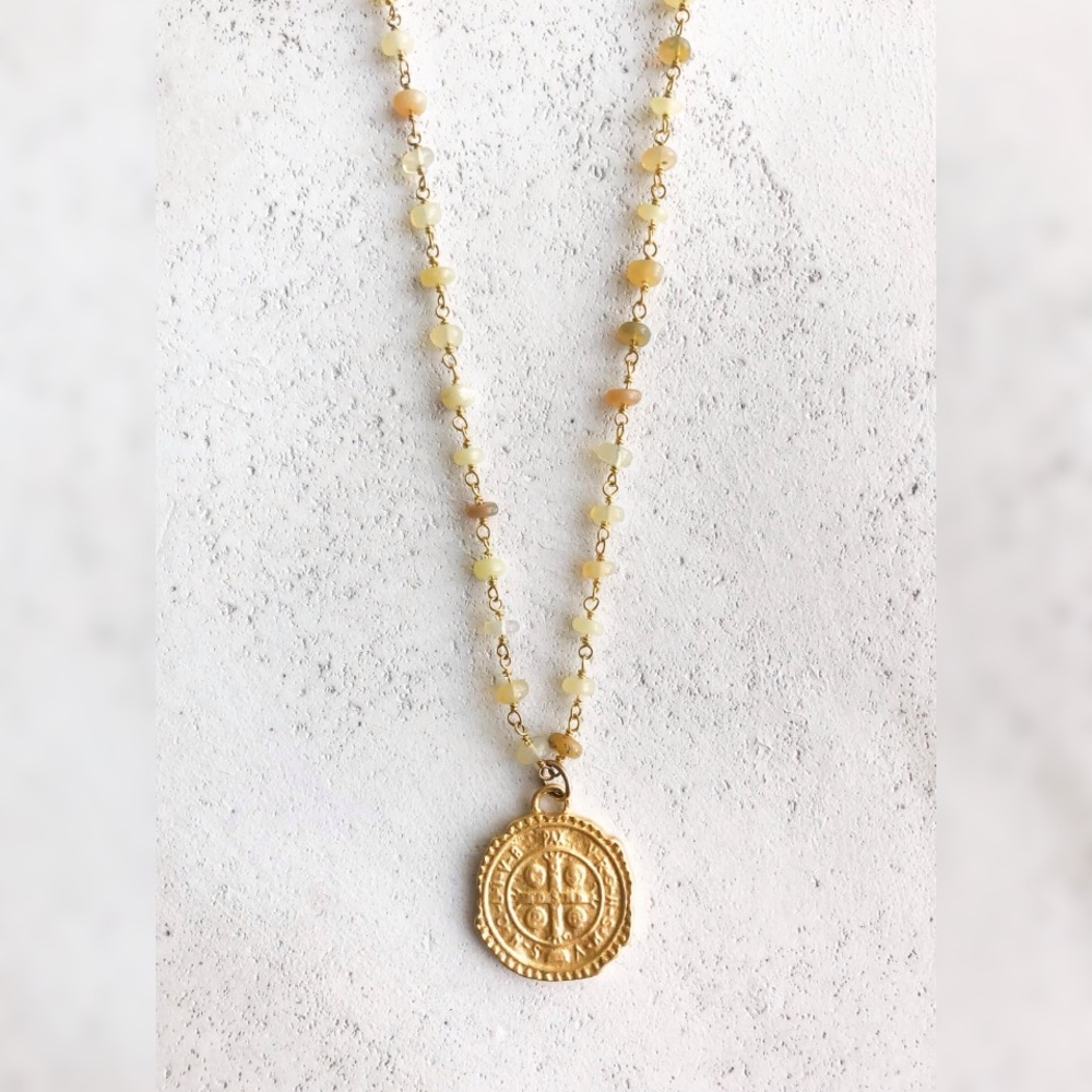Gold Coin Medallion Necklace - Opal Chain 20"